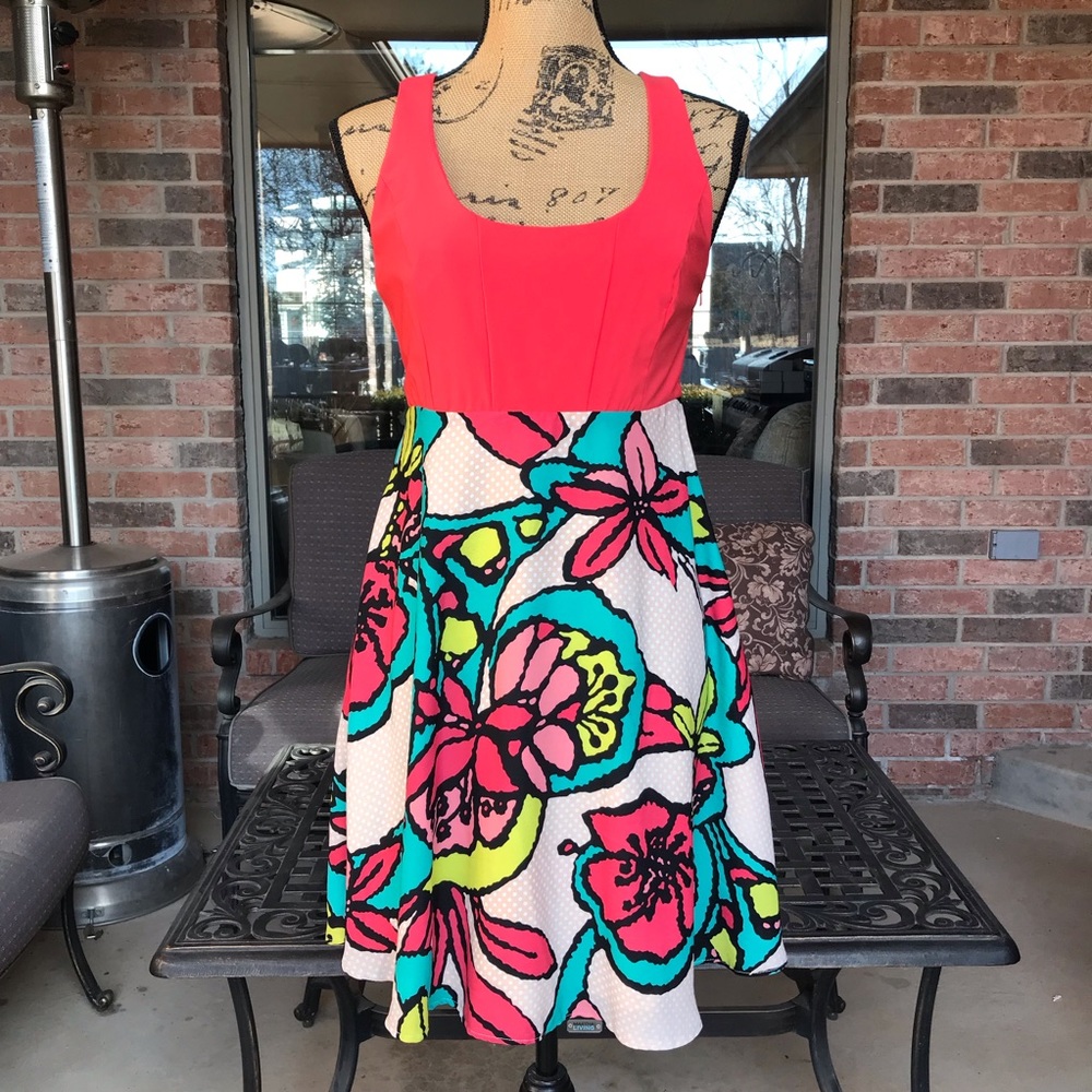 Judith March Pop Art Coral Floral Tank Dress Small